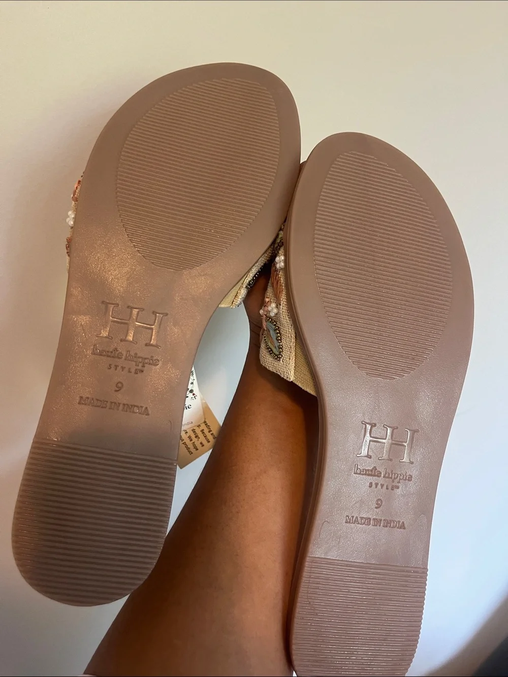 Haute Hippie Embroidered Beaded Slide Sandals in Tan and Peach